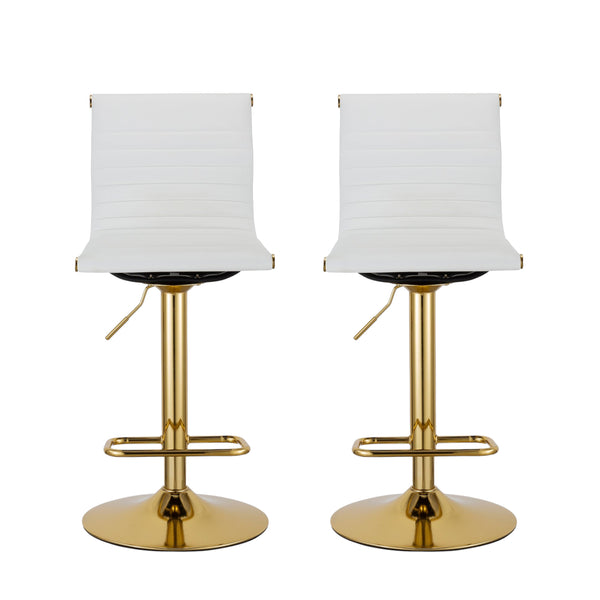 Homeroots Set Of Two White And Gold Faux Leather And Metal Low Back Adjustable Height Bar Chairs   555043