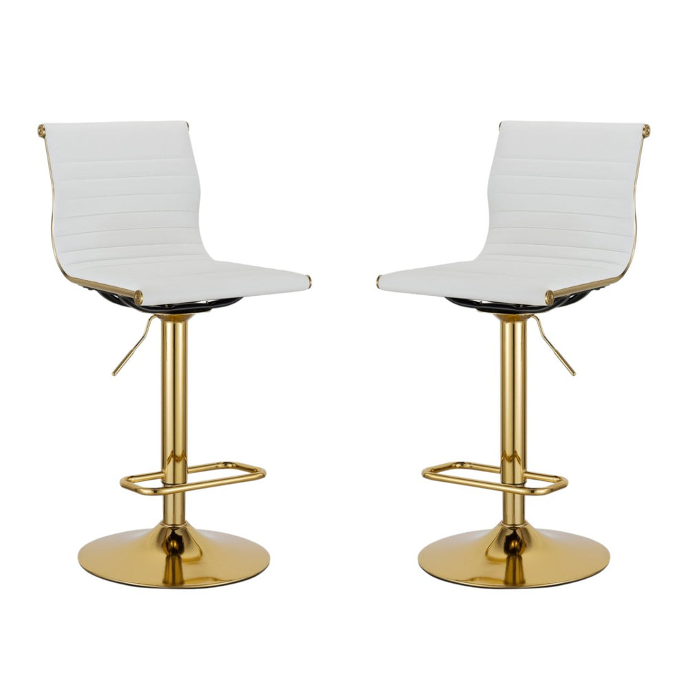 HomeRoots Set of Two Modern White Faux Leather Adjustable Bar Chairs with Gold Metal Frame for Home Bars 555043
