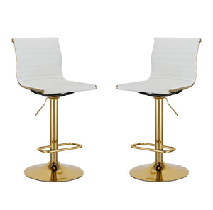 HomeRoots Set of Two Modern White Faux Leather Adjustable Bar Chairs with Gold Metal Frame for Home Bars 555043