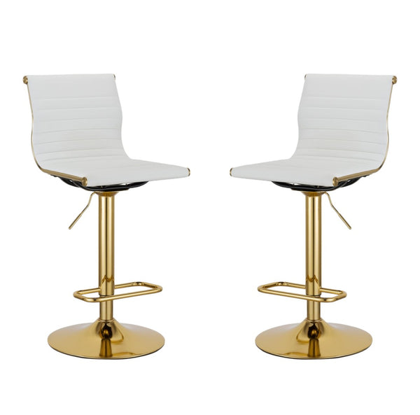 HomeRoots Set of Two Modern White Faux Leather Adjustable Bar Chairs with Gold Metal Frame for Home Bars 555043