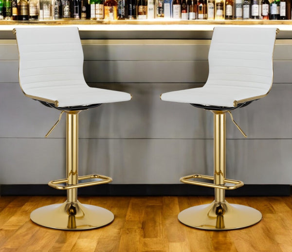 HomeRoots Set of Two Modern White Faux Leather Adjustable Bar Chairs with Gold Metal Frame for Home Bars 555043