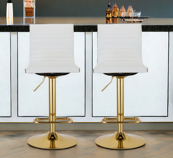 Homeroots Set Of Two White And Gold Faux Leather And Metal Low Back Adjustable Height Bar Chairs   555043
