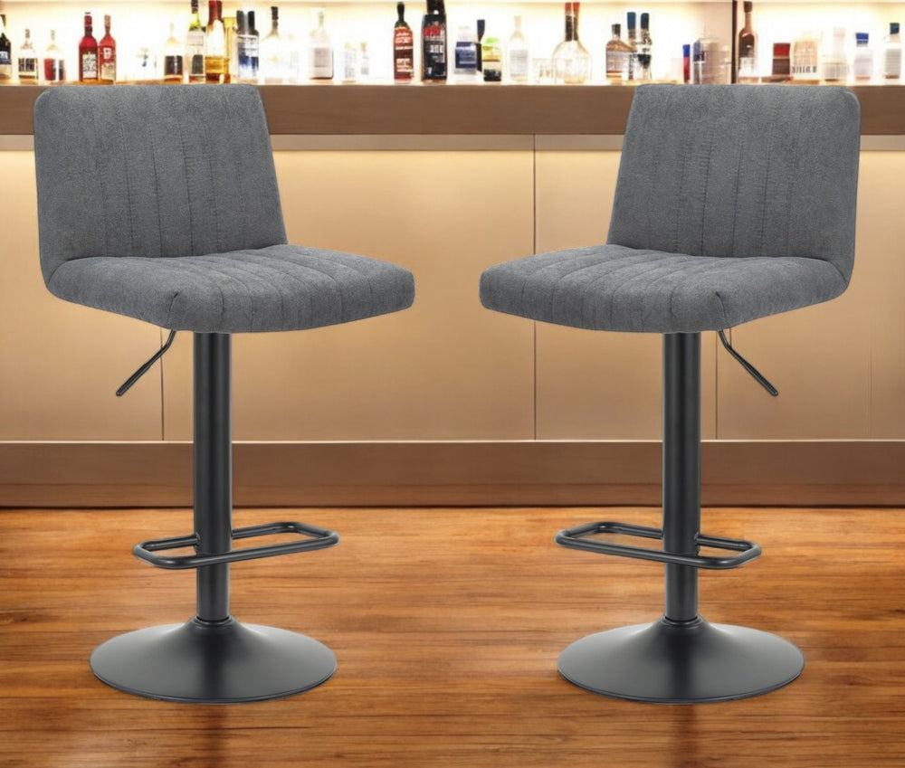 HomeRoots Set of Two Adjustable Height Gray Fabric & Black Metal Bar Chairs for Modern Dining Spaces 555044