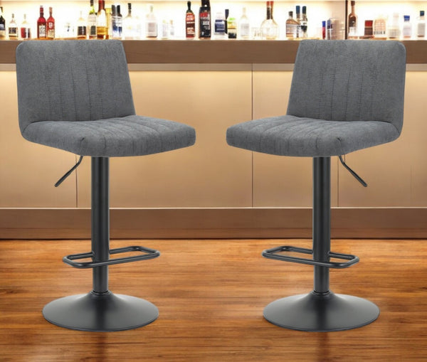 HomeRoots Set of Two Adjustable Height Gray Fabric & Black Metal Bar Chairs for Modern Dining Spaces 555044