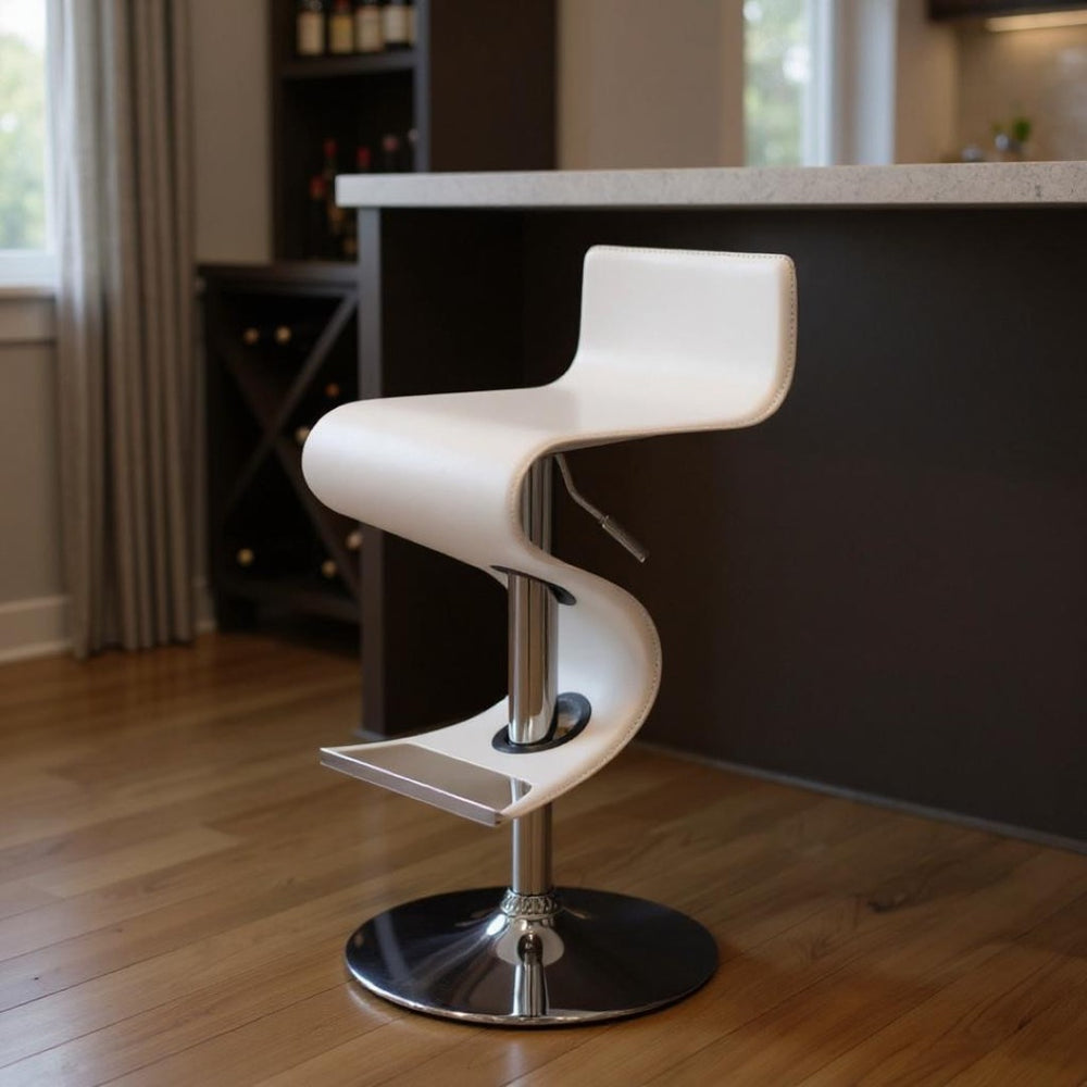 HomeRoots White Adjustable Height Bar Chair – Modern Faux Leather & Metal, Low Back Z-Style Design for Comfort 555046