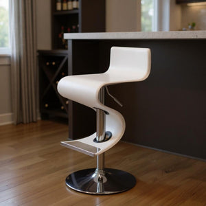 HomeRoots White Adjustable Height Bar Chair – Modern Faux Leather & Metal, Low Back Z-Style Design for Comfort 555046