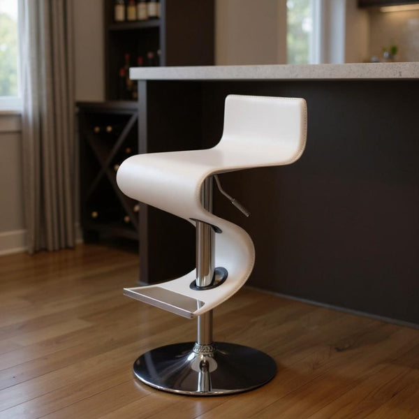 HomeRoots White Adjustable Height Bar Chair – Modern Faux Leather & Metal, Low Back Z-Style Design for Comfort 555046
