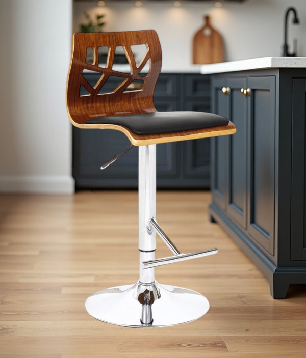 Homeroots Black Brown And Silver Faux Leather And Wood Low Back Adjustable Height Bar Chair   555048