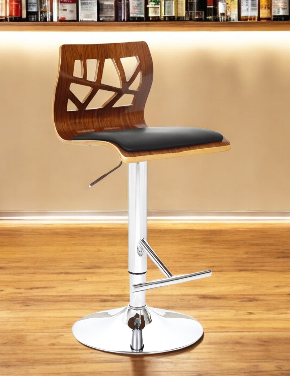 HomeRoots Black Faux Leather and Wood Low Back Bar Chair - Adjustable Height for Stylish Kitchen Seating 555048
