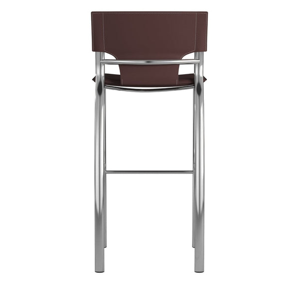 HomeRoots Set of Two 25" Brown Faux Leather Bar Stools with Silver Metal Frame for Modern Kitchen Style 555049