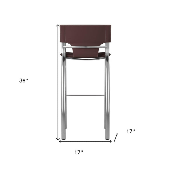 HomeRoots Set of Two 25" Brown Faux Leather Bar Stools with Silver Metal Frame for Modern Kitchen Style 555049