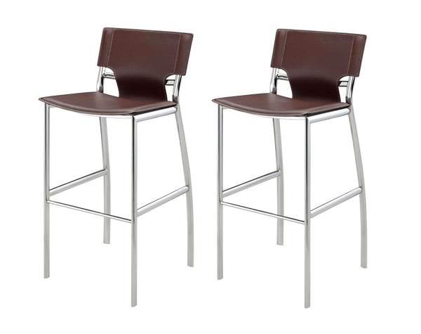 HomeRoots Set of Two 25" Brown Faux Leather Bar Stools with Silver Metal Frame for Modern Kitchen Style 555049
