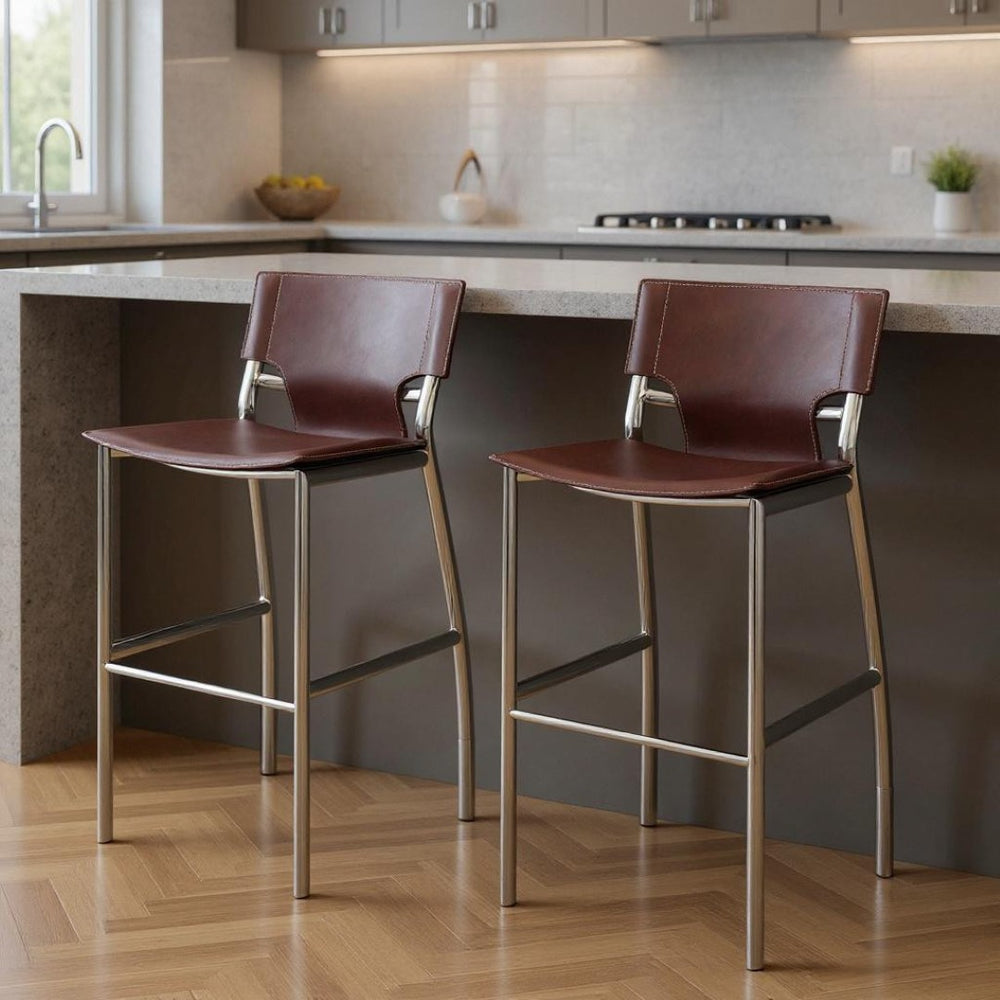 HomeRoots Set of Two 25" Brown Faux Leather Bar Stools with Silver Metal Frame for Modern Kitchen Style 555049
