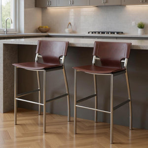 HomeRoots Set of Two 25" Brown Faux Leather Bar Stools with Silver Metal Frame for Modern Kitchen Style 555049