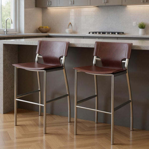 HomeRoots Set of Two 25" Brown Faux Leather Bar Stools with Silver Metal Frame for Modern Kitchen Style 555049