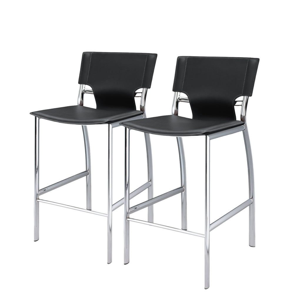 Homeroots Set Of Two 25" Black And Silver Faux Leather And Metal Low Back Counter Height Bar Chairs   555051