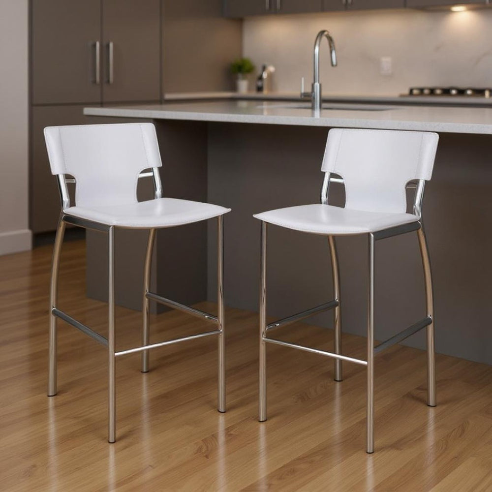 HomeRoots Set of Two Modern White Faux Leather Counter Height Bar Chairs with Silver Metal Base 555052