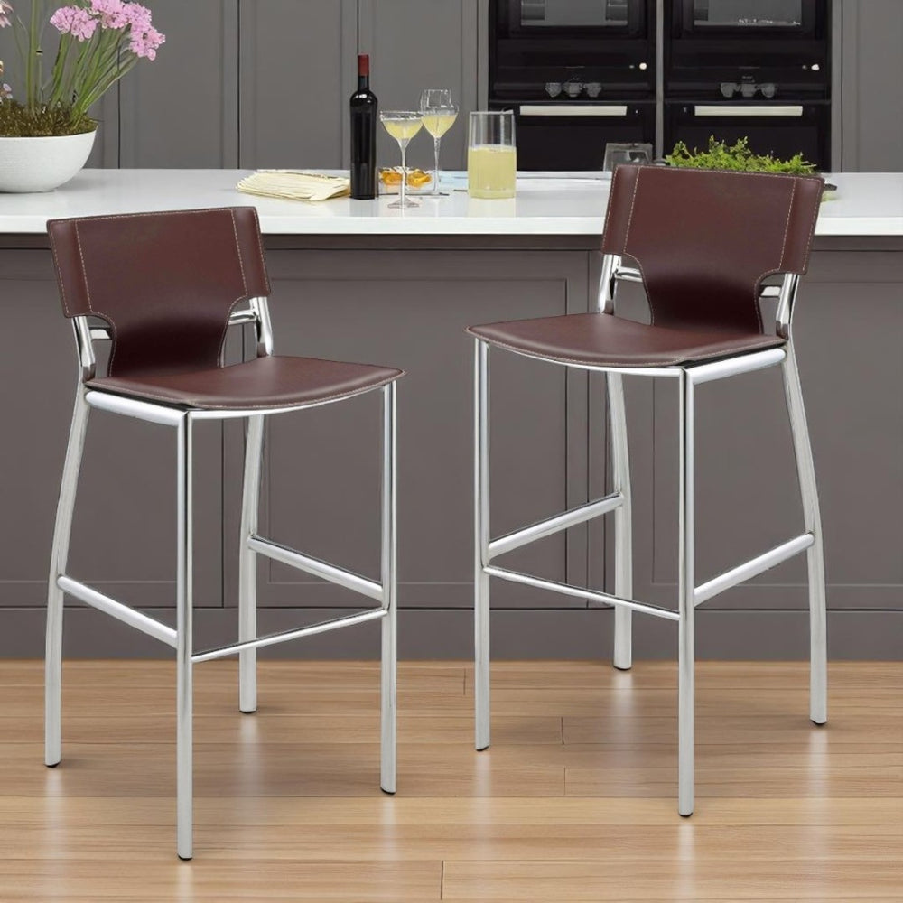 HomeRoots Set of Two Stylish 29" Brown Faux Leather and Silver Metal Low Back Bar Chairs for Modern Homes 555053
