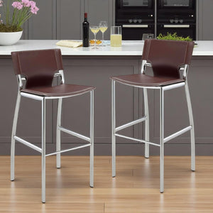 HomeRoots Set of Two Stylish 29" Brown Faux Leather and Silver Metal Low Back Bar Chairs for Modern Homes 555053