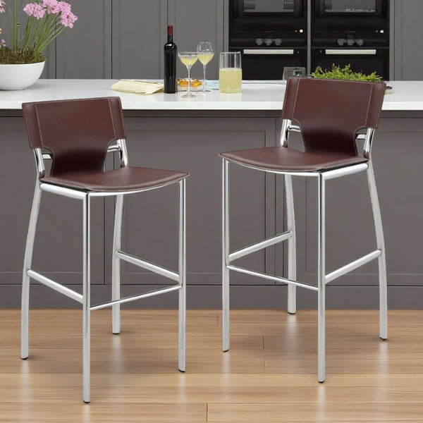 HomeRoots Set of Two Stylish 29" Brown Faux Leather and Silver Metal Low Back Bar Chairs for Modern Homes 555053