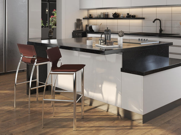 HomeRoots Set of Two Stylish 29" Brown Faux Leather and Silver Metal Low Back Bar Chairs for Modern Homes 555053