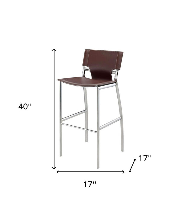 HomeRoots Set of Two Stylish 29" Brown Faux Leather and Silver Metal Low Back Bar Chairs for Modern Homes 555053
