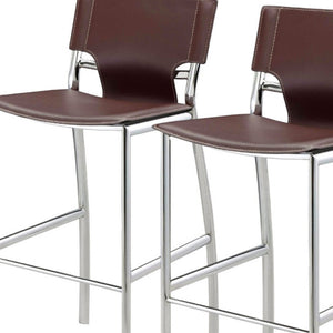 HomeRoots Set of Two Stylish 29" Brown Faux Leather and Silver Metal Low Back Bar Chairs for Modern Homes 555053