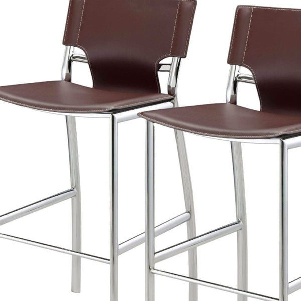 HomeRoots Set of Two Stylish 29" Brown Faux Leather and Silver Metal Low Back Bar Chairs for Modern Homes 555053