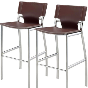 HomeRoots Set of Two Stylish 29" Brown Faux Leather and Silver Metal Low Back Bar Chairs for Modern Homes 555053
