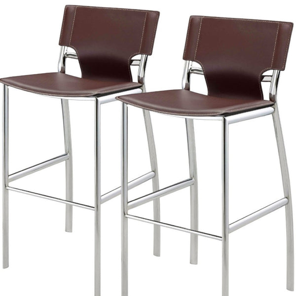 HomeRoots Set of Two Stylish 29" Brown Faux Leather and Silver Metal Low Back Bar Chairs for Modern Homes 555053
