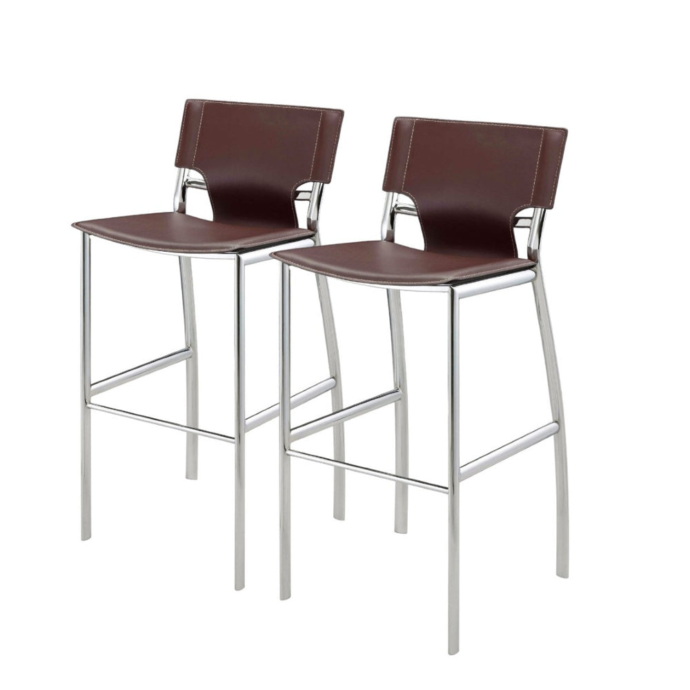 HomeRoots Set of Two Stylish 29" Brown Faux Leather and Silver Metal Low Back Bar Chairs for Modern Homes 555053