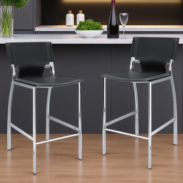 HomeRoots Set of Two 29" Gray Faux Leather Bar Chairs with Silver Metal Frame for Modern Kitchen & Home Bars 555054