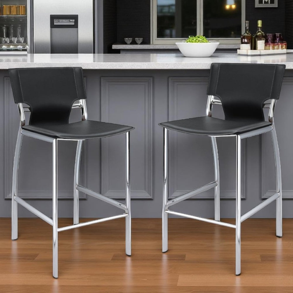 HomeRoots Set of Two Low Back Bar Height Chairs in Black Faux Leather and Silver Metal – Modern Comfort! 555055