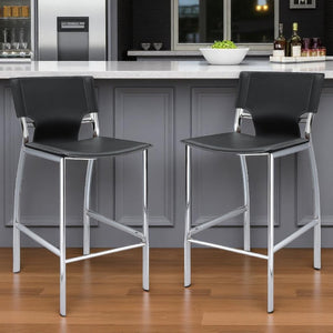 HomeRoots Set of Two Low Back Bar Height Chairs in Black Faux Leather and Silver Metal – Modern Comfort! 555055