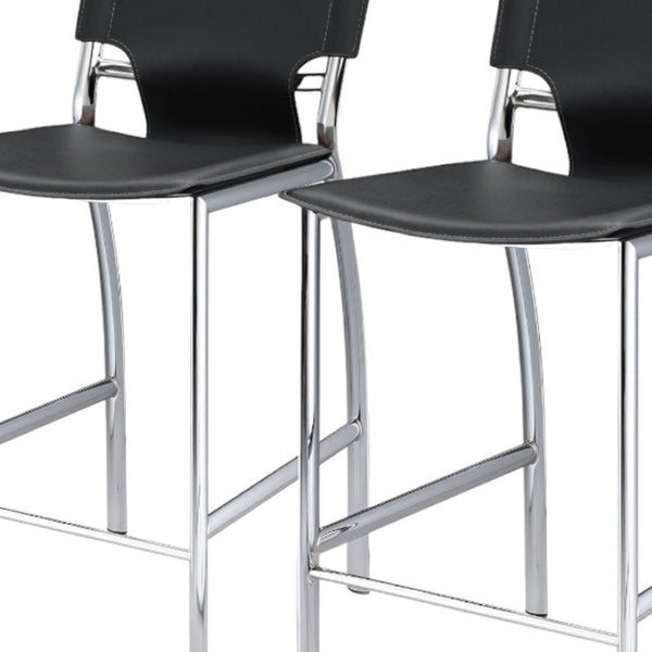 HomeRoots Set of Two Low Back Bar Height Chairs in Black Faux Leather and Silver Metal – Modern Comfort! 555055