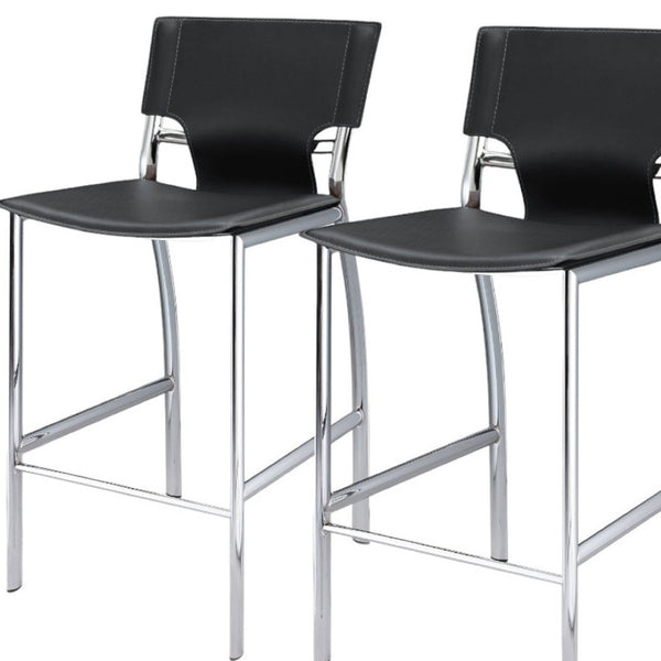 HomeRoots Set of Two Low Back Bar Height Chairs in Black Faux Leather and Silver Metal – Modern Comfort! 555055