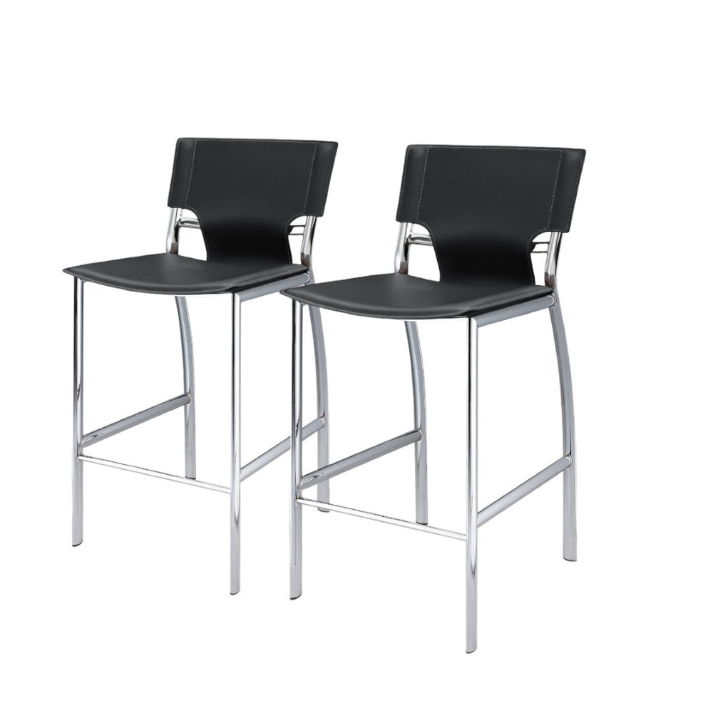 HomeRoots Set of Two Low Back Bar Height Chairs in Black Faux Leather and Silver Metal – Modern Comfort! 555055