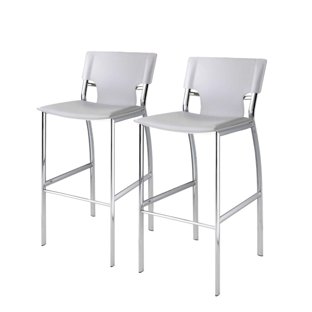 HomeRoots Set of Two Modern 29" White Faux Leather Bar Stools with Silver Metal Frame, Stylish Comfort 555056