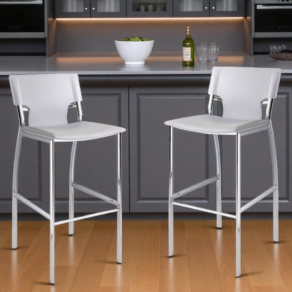 HomeRoots Set of Two Modern 29" White Faux Leather Bar Stools with Silver Metal Frame, Stylish Comfort 555056