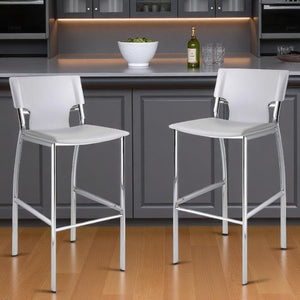 HomeRoots Set of Two Modern 29" White Faux Leather Bar Stools with Silver Metal Frame, Stylish Comfort 555056