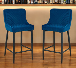 HomeRoots Set of Two Stylish 26" Blue Velvet & Black Metal Counter Height Bar Chairs for Modern Spaces 555057