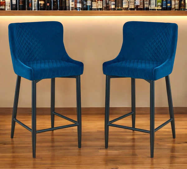 HomeRoots Set of Two Stylish 26" Blue Velvet & Black Metal Counter Height Bar Chairs for Modern Spaces 555057