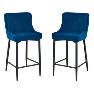 HomeRoots Set of Two Stylish 26" Blue Velvet & Black Metal Counter Height Bar Chairs for Modern Spaces 555057