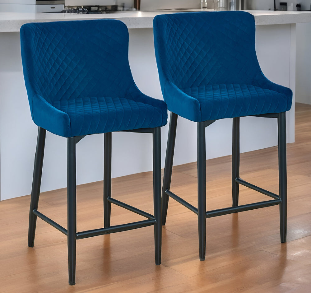 Homeroots Set Of Two 26" Blue And Black Velvet And Metal Low Back Counter Height Bar Chairs   555057