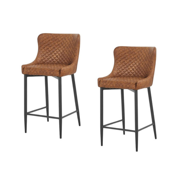HomeRoots Set of Two 26" Orange Faux Leather and Black Metal Counter-Height Bar Chairs for Modern Comfort 555058