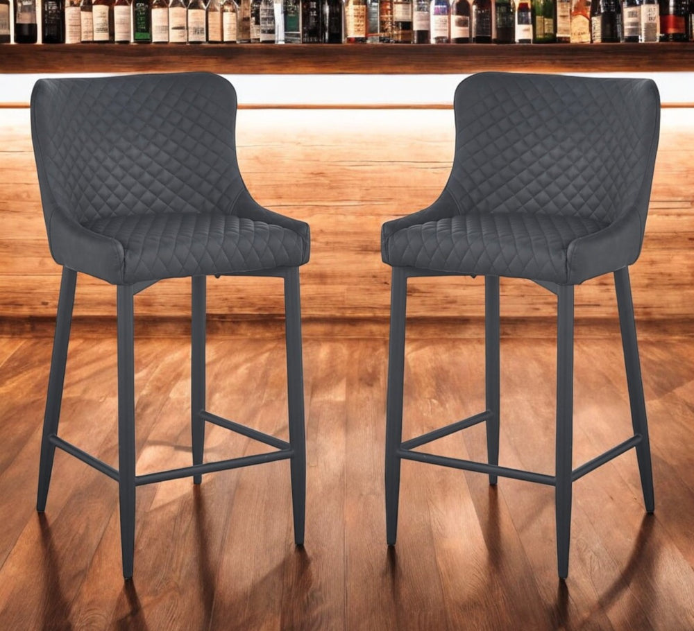 HomeRoots Set of Two Stylish 26" Dark Gray Faux Leather Bar Chairs with Durable Metal Frames for Modern Spaces 555059
