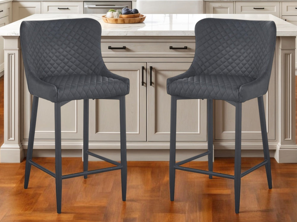 Homeroots Set Of Two 26" Dark Gray And Black Faux Leather And Metal Low Back Counter Height Bar Chairs   555059