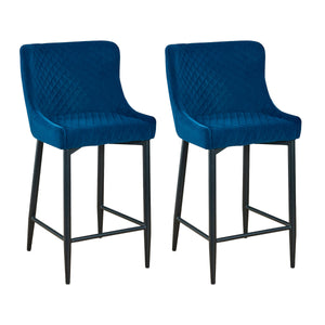 Homeroots Set Of Two 30" Blue And Black Velvet And Metal Low Back Bar Height Bar Chairs   555061