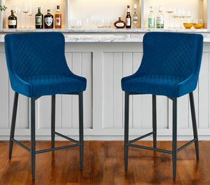 Homeroots Set Of Two 30" Blue And Black Velvet And Metal Low Back Bar Height Bar Chairs   555061