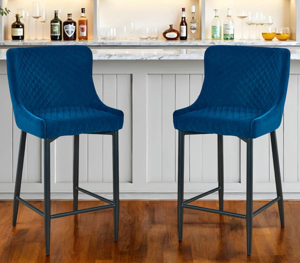 Homeroots Set Of Two 30" Blue And Black Velvet And Metal Low Back Bar Height Bar Chairs   555061